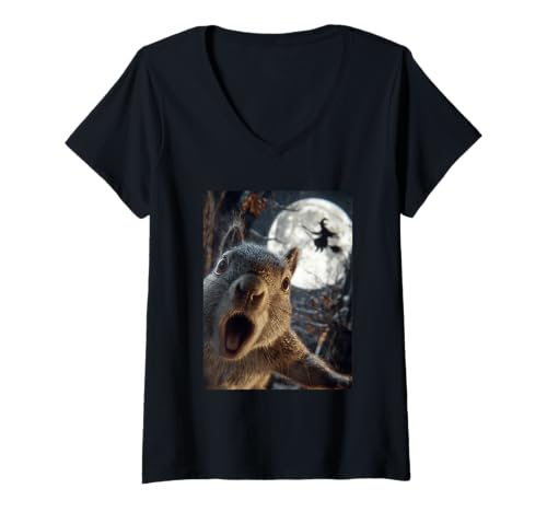 Damen Lustiges Eichhörnchen Selfie mit Vollmond Fliegende Hexe Halloween T-Shirt mit V-Ausschnitt Damen Lustiges Eichhörnchen Selfie mit Vollmond Fliegende Hexe Halloween T-Shirt mit V-Ausschnitt von Funny Halloween Animals Selfies Clothing