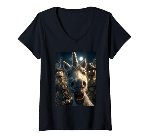 Damen Lustiges Einhorn-Selfie mit gruseligen Vogelscheuchen, gruseliges Halloween T-Shirt mit V-Ausschnitt Damen Lustiges Einhorn-Selfie mit gruseligen Vogelscheuchen, gruseliges Halloween T-Shirt mit V-Ausschnitt von Funny Halloween Animals Selfies Clothing