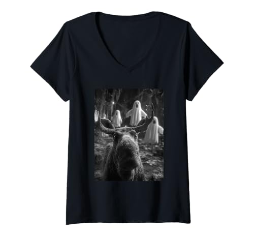 Damen Lustiges Elch Selfie mit Geistern Spukwald Halloween T-Shirt mit V-Ausschnitt Damen Lustiges Elch Selfie mit Geistern Spukwald Halloween T-Shirt mit V-Ausschnitt von Funny Halloween Animals Selfies Clothing