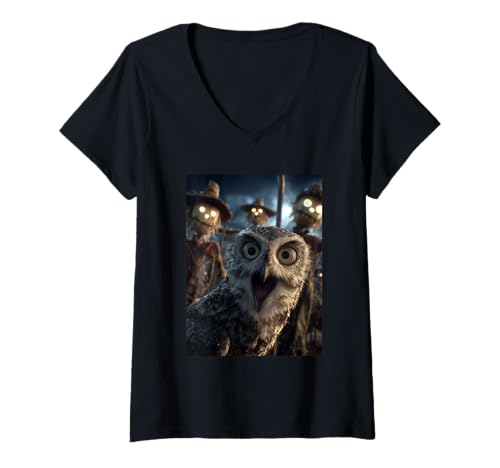 Damen Lustiges Eulen-Selfie mit Vogelscheuchen, gruseliges Halloween-Tier T-Shirt mit V-Ausschnitt von Funny Halloween Animals Selfies Clothing