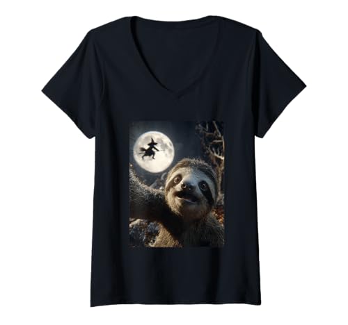 Damen Lustiges Faultier Selfie Vollmond Fliegende Hexe Wald Halloween T-Shirt mit V-Ausschnitt Damen Lustiges Faultier Selfie Vollmond Fliegende Hexe Wald Halloween T-Shirt mit V-Ausschnitt von Funny Halloween Animals Selfies Clothing