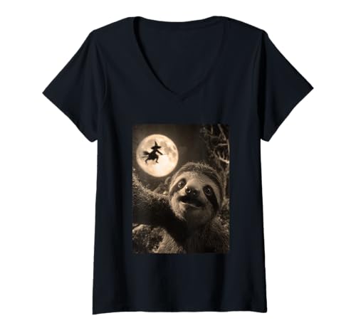 Damen Lustiges Faultier Selfie Vollmond Fliegende Hexe Wald Halloween T-Shirt mit V-Ausschnitt Damen Lustiges Faultier Selfie Vollmond Fliegende Hexe Wald Halloween T-Shirt mit V-Ausschnitt von Funny Halloween Animals Selfies Clothing
