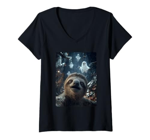 Damen Lustiges Faultier Selfie mit Geistern und Spukwald Halloween T-Shirt mit V-Ausschnitt Damen Lustiges Faultier Selfie mit Geistern und Spukwald Halloween T-Shirt mit V-Ausschnitt von Funny Halloween Animals Selfies Clothing