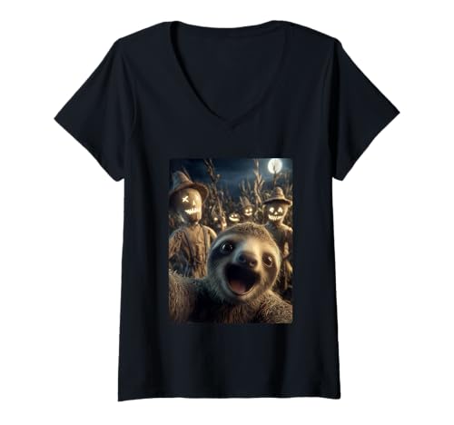 Damen Lustiges Faultier Selfie mit Vogelscheuchen Gruseliges Halloween-Tier T-Shirt mit V-Ausschnitt Damen Lustiges Faultier Selfie mit Vogelscheuchen Gruseliges Halloween-Tier T-Shirt mit V-Ausschnitt von Funny Halloween Animals Selfies Clothing