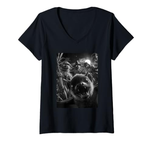 Damen Lustiges Fledermaus-Selfie mit gruseligen Vogelscheuchen, Halloween-Tier T-Shirt mit V-Ausschnitt Damen Lustiges Fledermaus-Selfie mit gruseligen Vogelscheuchen, Halloween-Tier T-Shirt mit V-Ausschnitt von Funny Halloween Animals Selfies Clothing