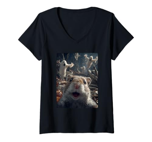Damen Lustiges Hamster-Selfie mit Geistern Spukwald Halloween T-Shirt mit V-Ausschnitt Damen Lustiges Hamster-Selfie mit Geistern Spukwald Halloween T-Shirt mit V-Ausschnitt von Funny Halloween Animals Selfies Clothing