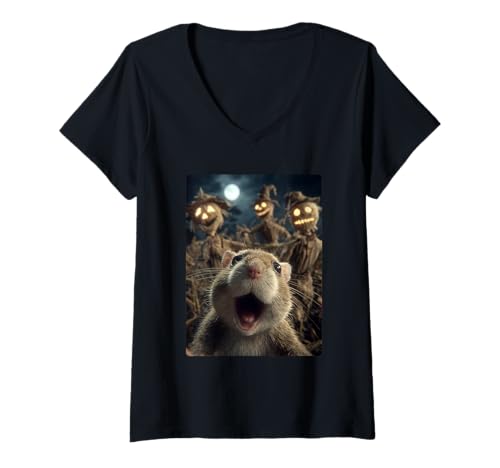 Damen Lustiges Hamster-Selfie mit Vogelscheuchen, gruseliges Halloween-Tier T-Shirt mit V-Ausschnitt Damen Lustiges Hamster-Selfie mit Vogelscheuchen, gruseliges Halloween-Tier T-Shirt mit V-Ausschnitt von Funny Halloween Animals Selfies Clothing