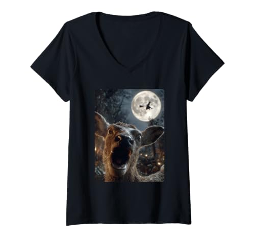 Damen Lustiges Hirsch Selfie Vollmond Fliegende Hexe Wald Halloween T-Shirt mit V-Ausschnitt Damen Lustiges Hirsch Selfie Vollmond Fliegende Hexe Wald Halloween T-Shirt mit V-Ausschnitt von Funny Halloween Animals Selfies Clothing