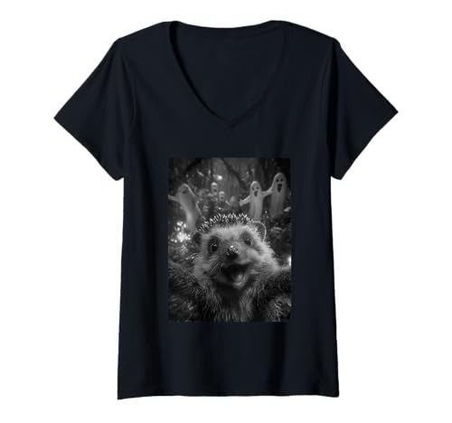 Damen Lustiges Igel-Selfie mit Geistern Spukwald Halloween T-Shirt mit V-Ausschnitt Damen Lustiges Igel-Selfie mit Geistern Spukwald Halloween T-Shirt mit V-Ausschnitt von Funny Halloween Animals Selfies Clothing