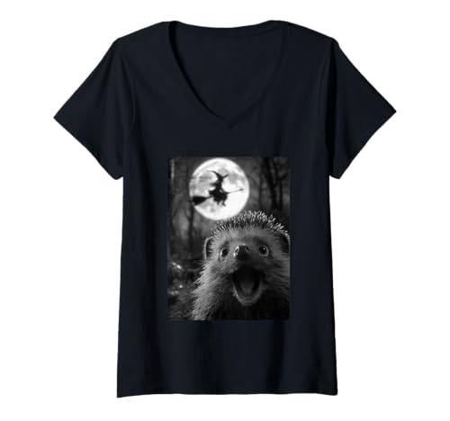 Damen Lustiges Igel-Selfie mit Vollmond Fliegende Hexe Halloween T-Shirt mit V-Ausschnitt von Funny Halloween Animals Selfies Clothing