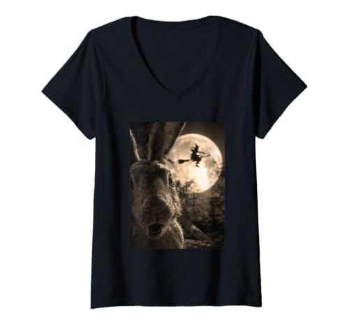 Damen Lustiges Kaninchen Selfie Vollmond Fliegende Hexe Wald Halloween T-Shirt mit V-Ausschnitt Damen Lustiges Kaninchen Selfie Vollmond Fliegende Hexe Wald Halloween T-Shirt mit V-Ausschnitt von Funny Halloween Animals Selfies Clothing