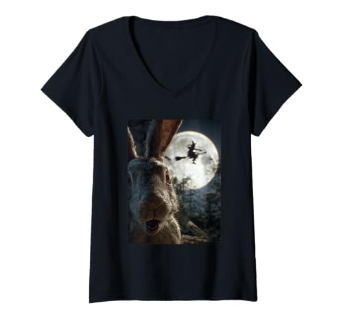 Damen Lustiges Kaninchen Selfie Vollmond Fliegende Hexe Wald Halloween T-Shirt mit V-Ausschnitt Damen Lustiges Kaninchen Selfie Vollmond Fliegende Hexe Wald Halloween T-Shirt mit V-Ausschnitt von Funny Halloween Animals Selfies Clothing