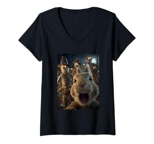 Damen Lustiges Kaninchen-Selfie mit Vogelscheuchen, gruseliges Halloween-Tier T-Shirt mit V-Ausschnitt Damen Lustiges Kaninchen-Selfie mit Vogelscheuchen, gruseliges Halloween-Tier T-Shirt mit V-Ausschnitt von Funny Halloween Animals Selfies Clothing