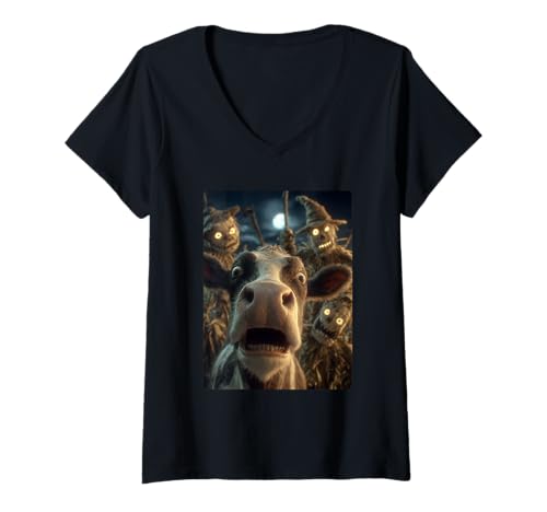 Damen Lustiges Kuh-Selfie mit Vogelscheuchen, gruseliges Halloween-Tier T-Shirt mit V-Ausschnitt Damen Lustiges Kuh-Selfie mit Vogelscheuchen, gruseliges Halloween-Tier T-Shirt mit V-Ausschnitt von Funny Halloween Animals Selfies Clothing