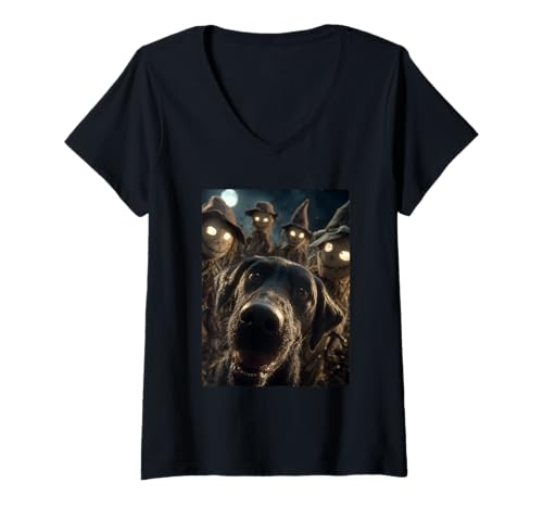 Damen Lustiges Labrador-Selfie mit Vogelscheuchen, gruseliger Halloween-Hund T-Shirt mit V-Ausschnitt Damen Lustiges Labrador-Selfie mit Vogelscheuchen, gruseliger Halloween-Hund T-Shirt mit V-Ausschnitt von Funny Halloween Animals Selfies Clothing