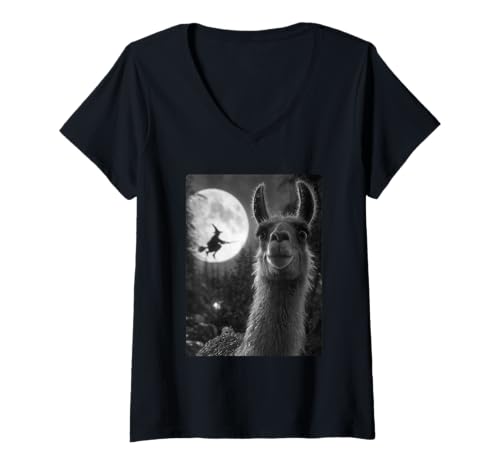 Damen Lustiges Lama-Selfie, Vollmond, Fliegender Hexenwald, Halloween T-Shirt mit V-Ausschnitt von Funny Halloween Animals Selfies Clothing