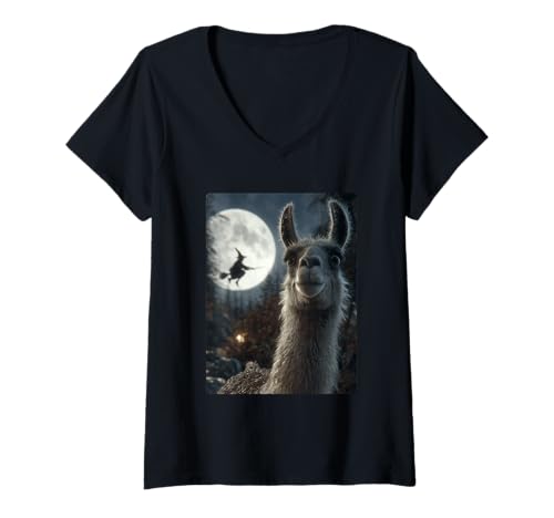 Damen Lustiges Lama-Selfie, Vollmond, Fliegender Hexenwald, Halloween T-Shirt mit V-Ausschnitt Damen Lustiges Lama-Selfie, Vollmond, Fliegender Hexenwald, Halloween T-Shirt mit V-Ausschnitt von Funny Halloween Animals Selfies Clothing