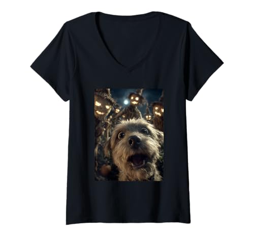 Damen Lustiges Malteser-Selfie mit Vogelscheuchen, gruseliger Halloween-Hund T-Shirt mit V-Ausschnitt Damen Lustiges Malteser-Selfie mit Vogelscheuchen, gruseliger Halloween-Hund T-Shirt mit V-Ausschnitt von Funny Halloween Animals Selfies Clothing