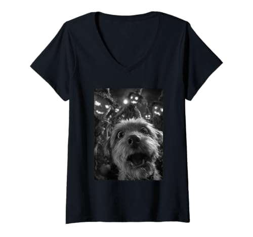 Damen Lustiges Malteser-Selfie mit gruseligen Vogelscheuchen, Halloween-Hund T-Shirt mit V-Ausschnitt von Funny Halloween Animals Selfies Clothing