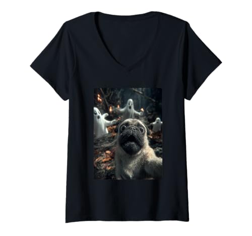 Damen Lustiges Mops Selfie mit Geistern Spukwald Halloween Hund T-Shirt mit V-Ausschnitt Damen Lustiges Mops Selfie mit Geistern Spukwald Halloween Hund T-Shirt mit V-Ausschnitt von Funny Halloween Animals Selfies Clothing