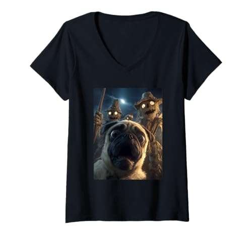 Damen Lustiges Mops-Selfie mit Vogelscheuchen, gruseliger Halloween-Hund T-Shirt mit V-Ausschnitt Damen Lustiges Mops-Selfie mit Vogelscheuchen, gruseliger Halloween-Hund T-Shirt mit V-Ausschnitt von Funny Halloween Animals Selfies Clothing