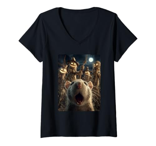Damen Lustiges Ratten-Selfie mit Vogelscheuchen, gruseliges Halloween-Tier T-Shirt mit V-Ausschnitt Damen Lustiges Ratten-Selfie mit Vogelscheuchen, gruseliges Halloween-Tier T-Shirt mit V-Ausschnitt von Funny Halloween Animals Selfies Clothing