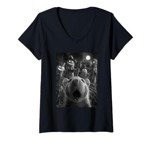 Damen Lustiges Ratten-Selfie mit gruseligen Vogelscheuchen, Halloween-Tier T-Shirt mit V-Ausschnitt Damen Lustiges Ratten-Selfie mit gruseligen Vogelscheuchen, Halloween-Tier T-Shirt mit V-Ausschnitt von Funny Halloween Animals Selfies Clothing