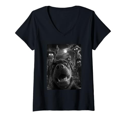 Damen Lustiges Rottweiler-Selfie mit gruseligen Vogelscheuchen, Halloween-Hund T-Shirt mit V-Ausschnitt Damen Lustiges Rottweiler-Selfie mit gruseligen Vogelscheuchen, Halloween-Hund T-Shirt mit V-Ausschnitt von Funny Halloween Animals Selfies Clothing