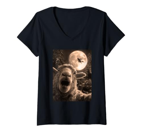 Damen Lustiges Schaf Selfie Vollmond Fliegende Hexe Wald Halloween T-Shirt mit V-Ausschnitt von Funny Halloween Animals Selfies Clothing