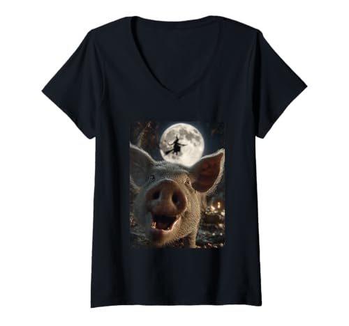 Damen Lustiges Schwein Selfie Vollmond Fliegende Hexe Wald Halloween T-Shirt mit V-Ausschnitt Damen Lustiges Schwein Selfie Vollmond Fliegende Hexe Wald Halloween T-Shirt mit V-Ausschnitt von Funny Halloween Animals Selfies Clothing