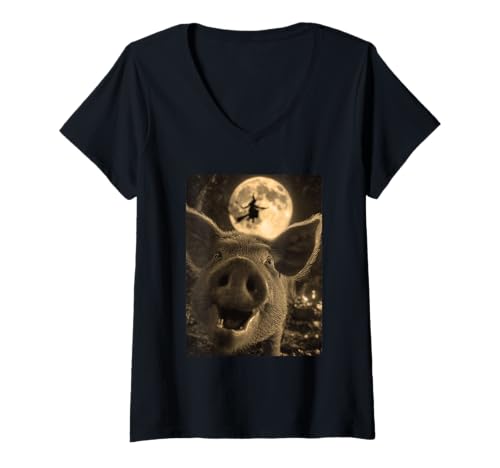 Damen Lustiges Schwein Selfie Vollmond Fliegende Hexe Wald Halloween T-Shirt mit V-Ausschnitt Damen Lustiges Schwein Selfie Vollmond Fliegende Hexe Wald Halloween T-Shirt mit V-Ausschnitt von Funny Halloween Animals Selfies Clothing
