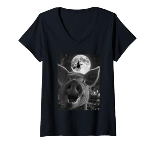 Damen Lustiges Schwein Selfie Vollmond Fliegende Hexe Wald Halloween T-Shirt mit V-Ausschnitt von Funny Halloween Animals Selfies Clothing