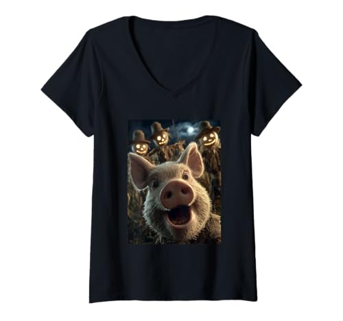 Damen Lustiges Schwein Selfie mit Vogelscheuchen, gruseliges Halloween-Tier T-Shirt mit V-Ausschnitt Damen Lustiges Schwein Selfie mit Vogelscheuchen, gruseliges Halloween-Tier T-Shirt mit V-Ausschnitt von Funny Halloween Animals Selfies Clothing
