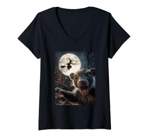 Damen Lustiges Skunk Selfie Vollmond Fliegende Hexe Wald Halloween T-Shirt mit V-Ausschnitt Damen Lustiges Skunk Selfie Vollmond Fliegende Hexe Wald Halloween T-Shirt mit V-Ausschnitt von Funny Halloween Animals Selfies Clothing