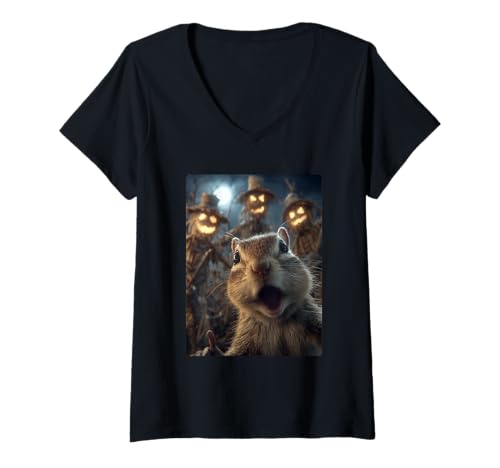 Damen Lustiges Streifenhörnchen-Selfie und Vogelscheuchen, gruseliges Halloween-Tier T-Shirt mit V-Ausschnitt von Funny Halloween Animals Selfies Clothing