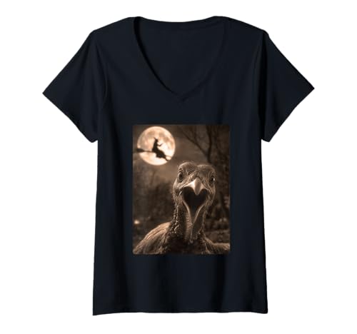 Damen Lustiges Truthahn Selfie Vollmond Fliegende Hexe Wald Halloween T-Shirt mit V-Ausschnitt von Funny Halloween Animals Selfies Clothing