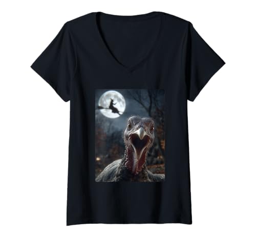 Damen Lustiges Truthahn Selfie Vollmond Fliegende Hexe Wald Halloween T-Shirt mit V-Ausschnitt Damen Lustiges Truthahn Selfie Vollmond Fliegende Hexe Wald Halloween T-Shirt mit V-Ausschnitt von Funny Halloween Animals Selfies Clothing
