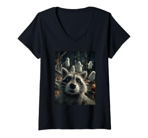Damen Lustiges Waschbär Selfie mit Geistern Spukwald Halloween T-Shirt mit V-Ausschnitt Damen Lustiges Waschbär Selfie mit Geistern Spukwald Halloween T-Shirt mit V-Ausschnitt von Funny Halloween Animals Selfies Clothing