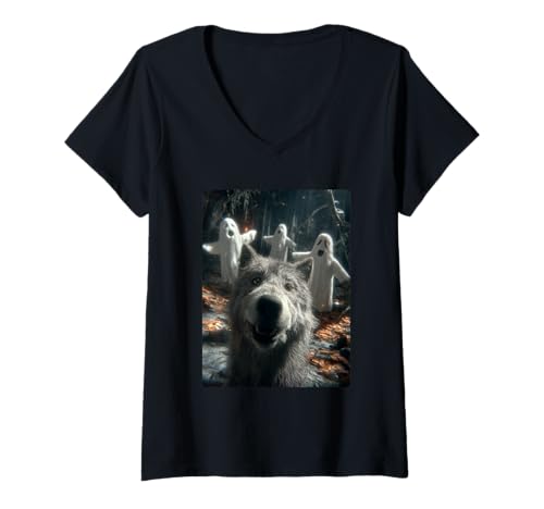 Damen Lustiges Wolf Selfie mit Geistern und Spukwald Halloween T-Shirt mit V-Ausschnitt Damen Lustiges Wolf Selfie mit Geistern und Spukwald Halloween T-Shirt mit V-Ausschnitt von Funny Halloween Animals Selfies Clothing