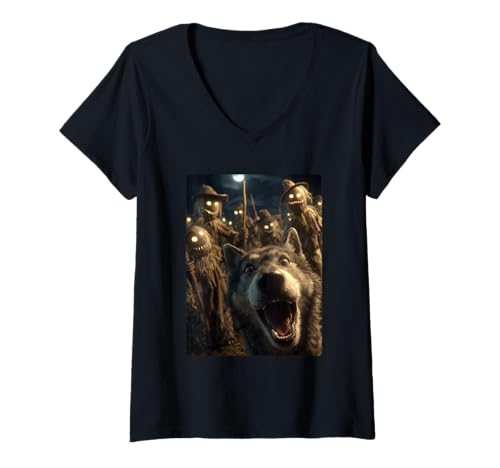 Damen Lustiges Wolf-Selfie mit Vogelscheuchen, gruseliges Halloween-Tier T-Shirt mit V-Ausschnitt von Funny Halloween Animals Selfies Clothing