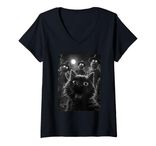 Damen Schwarze Katze Selfie mit gruseligen Vogelscheuchen Halloween Tier T-Shirt mit V-Ausschnitt von Funny Halloween Animals Selfies Clothing