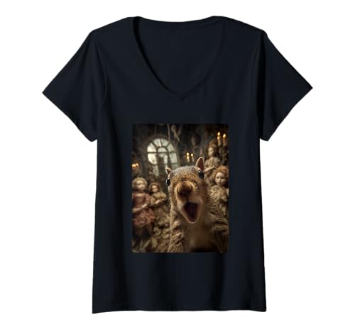 Damen Streifenhörnchen Selfie mit gruseligen Puppen Gruseliges Halloween-Tier T-Shirt mit V-Ausschnitt von Funny Halloween Animals Selfies Clothing