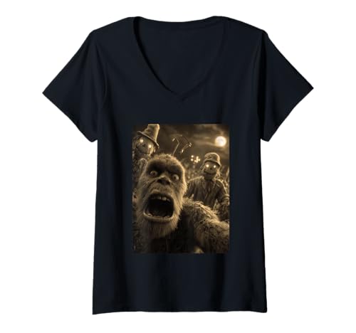 Damen Vintage Bigfoot Selfie mit gruseligen Vogelscheuchen Mond Halloween T-Shirt mit V-Ausschnitt Damen Vintage Bigfoot Selfie mit gruseligen Vogelscheuchen Mond Halloween T-Shirt mit V-Ausschnitt von Funny Halloween Animals Selfies Clothing
