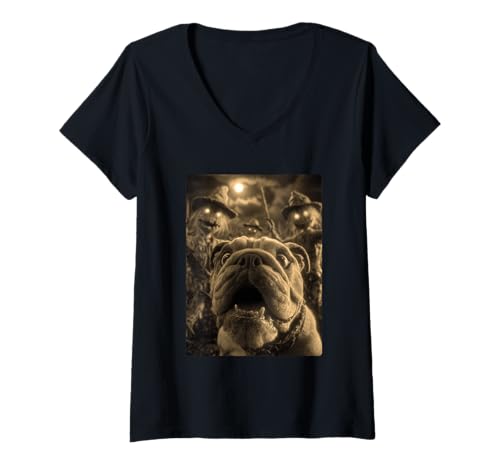 Damen Vintage Bulldogge Selfie mit gruseligen Vogelscheuchen Halloween Hund T-Shirt mit V-Ausschnitt Damen Vintage Bulldogge Selfie mit gruseligen Vogelscheuchen Halloween Hund T-Shirt mit V-Ausschnitt von Funny Halloween Animals Selfies Clothing