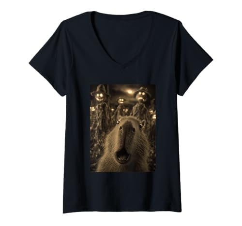 Damen Vintage Capybara Selfie mit gruseligen Vogelscheuchen Halloween T-Shirt mit V-Ausschnitt von Funny Halloween Animals Selfies Clothing