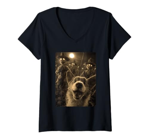 Damen Vintage Corgi Selfie mit gruseligen Vogelscheuchen Halloween Hund T-Shirt mit V-Ausschnitt Damen Vintage Corgi Selfie mit gruseligen Vogelscheuchen Halloween Hund T-Shirt mit V-Ausschnitt von Funny Halloween Animals Selfies Clothing