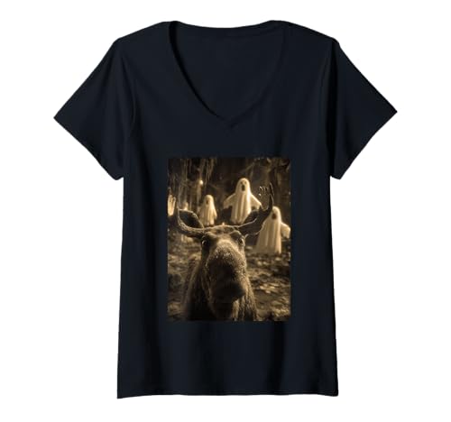 Damen Vintage Elch Selfie mit Geistern Spukwald Halloween T-Shirt mit V-Ausschnitt Damen Vintage Elch Selfie mit Geistern Spukwald Halloween T-Shirt mit V-Ausschnitt von Funny Halloween Animals Selfies Clothing