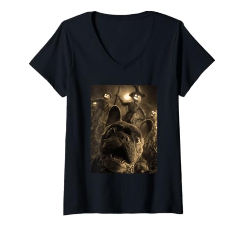Damen Vintage Französische Bulldogge Selfie Vogelscheuchen Gruseliges Halloween T-Shirt mit V-Ausschnitt Damen Vintage Französische Bulldogge Selfie Vogelscheuchen Gruseliges Halloween T-Shirt mit V-Ausschnitt von Funny Halloween Animals Selfies Clothing
