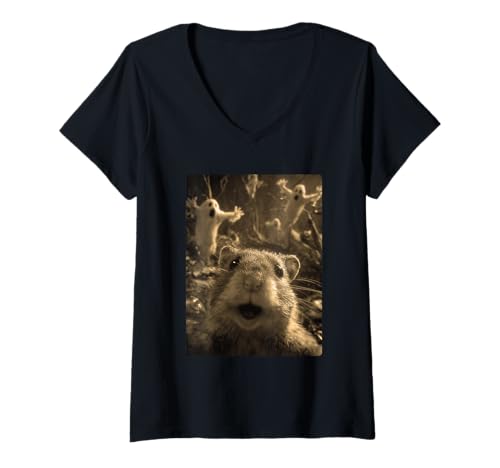 Damen Vintage Hamster Selfie mit Geistern Spukwald Halloween T-Shirt mit V-Ausschnitt Damen Vintage Hamster Selfie mit Geistern Spukwald Halloween T-Shirt mit V-Ausschnitt von Funny Halloween Animals Selfies Clothing