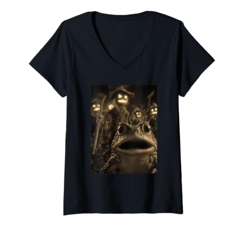 Damen Vintage Kröte Selfie mit gruseligen Vogelscheuchen Halloween Tier T-Shirt mit V-Ausschnitt von Funny Halloween Animals Selfies Clothing